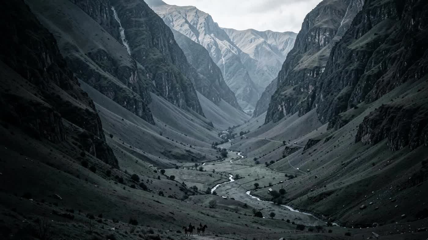 Dos jinetes diminutos en un valle inmenso de los Andes