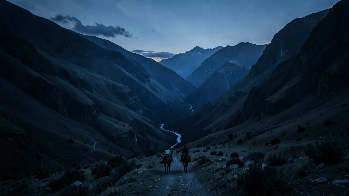 Dos jinetes diminutos entrando en un valle inmenso de los Andes al amanecer